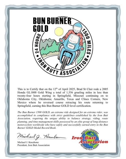 Letter from the Iron Butt Association certifying the Bun Burner Gold ride, showing Brad’s persistence in sharing faith.