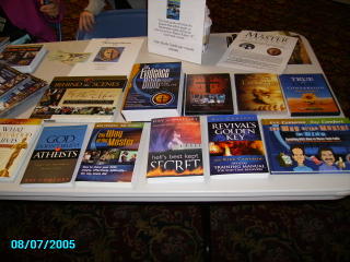 An evangelism resource table at Tri Lakes Church in Branson, MO on August 7, 2005.