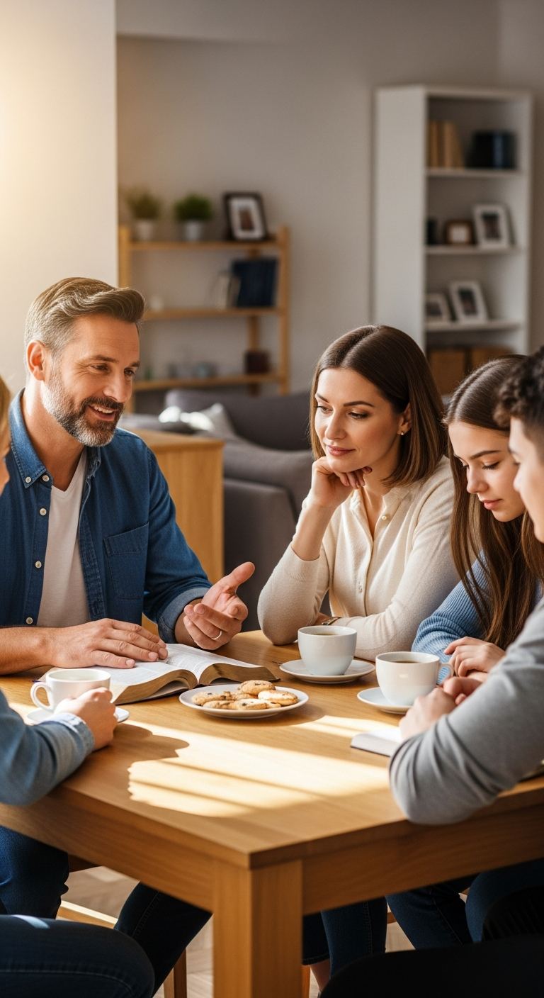 A smiling man sitting at a kitchen table with an open Bible, enjoying a moment of faith-sharing with his family.